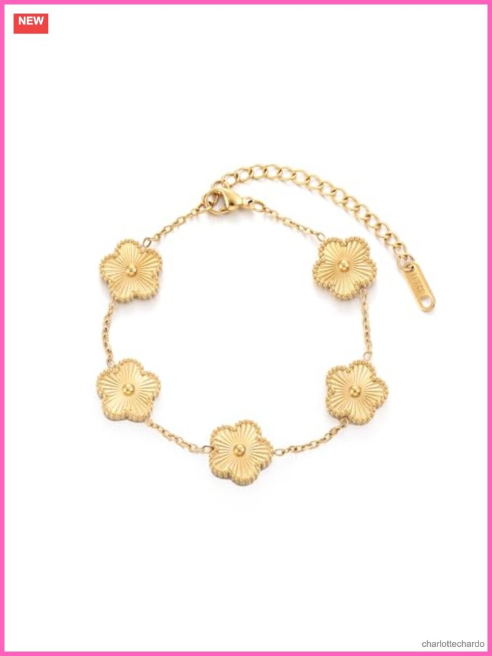 18K Gold Plated Stainless Steel Four Leaf Clover Charm Link Bracelet, Lucky